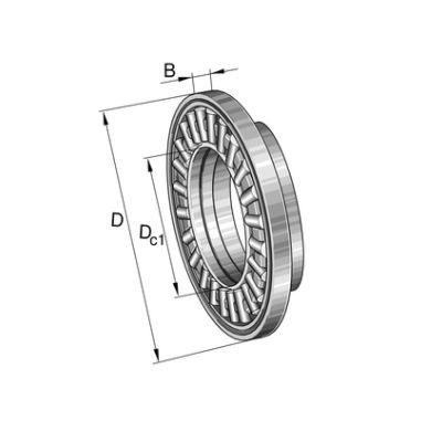 Schema di un cuscinetto reggispinta a rulli cilindrici, con le dimensioni etichettate D, Dc1 e B.