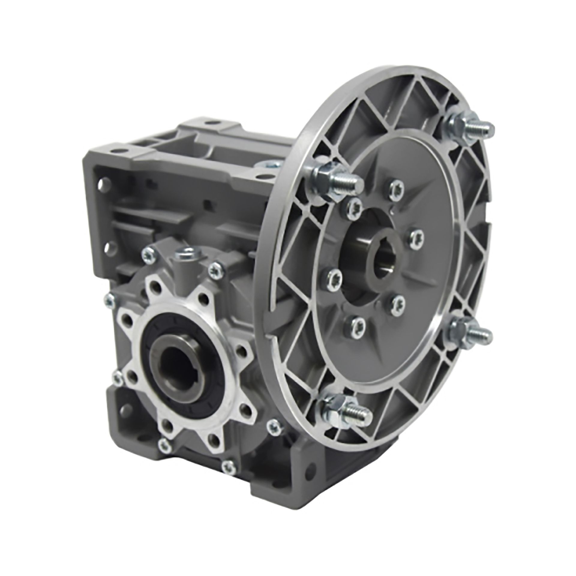 Riduttore di velocità a vite senza fine grigio con flangia di montaggio e dettagli dei bulloni.