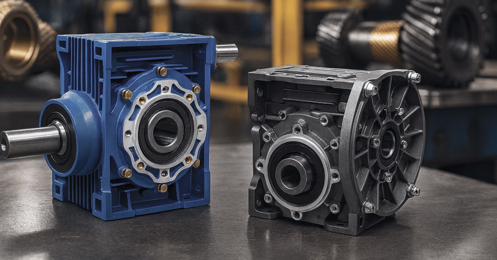 Riduttori industriali blu e neri sono posizionati uno accanto all'altro su un tavolo, con altri macchinari sullo sfondo.