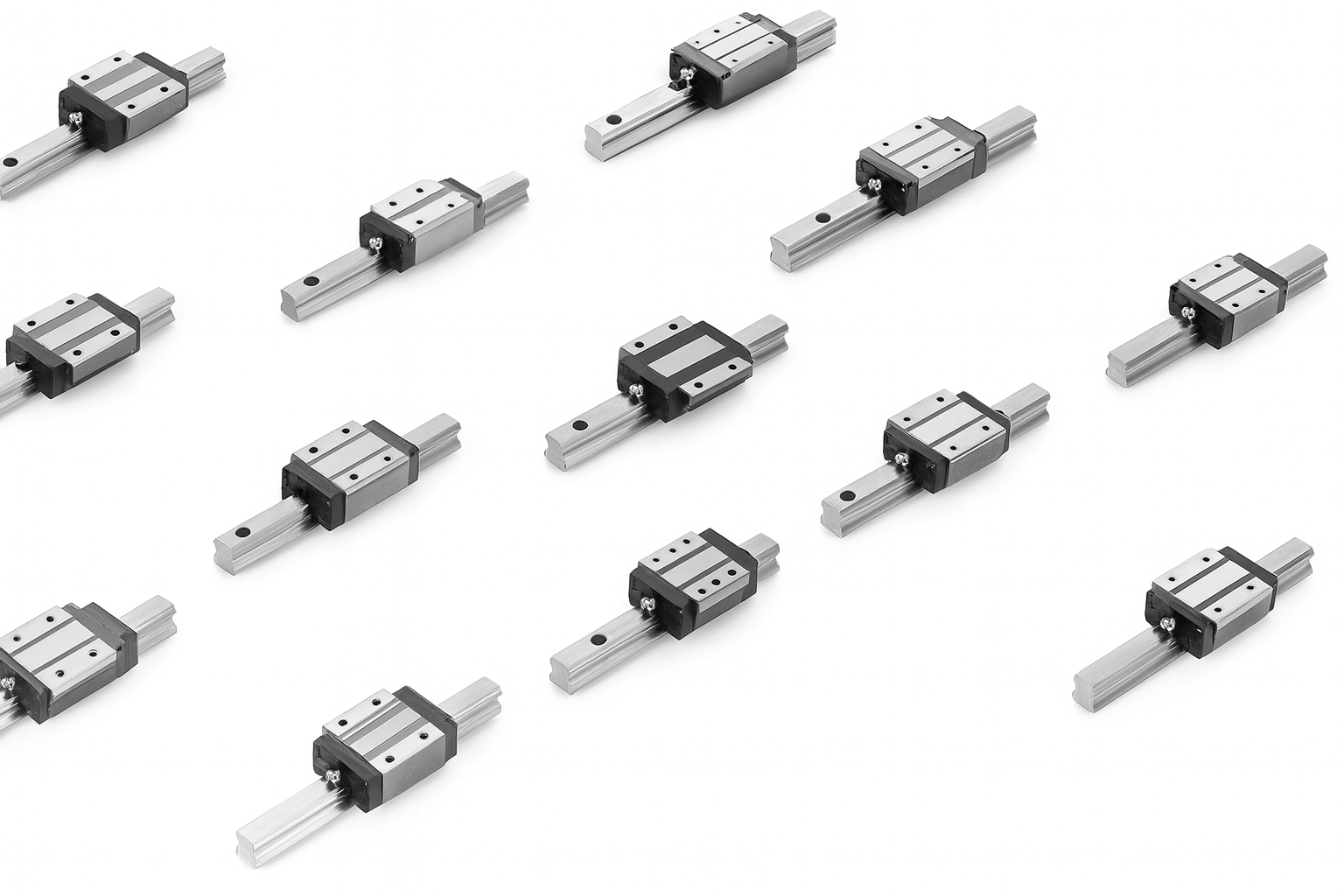 Serie di guide lineari con carrelli, diagonali su sfondo bianco.