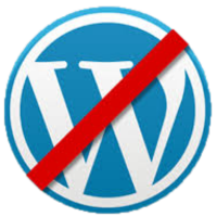 A blue and white wordpress logo with a red line through it