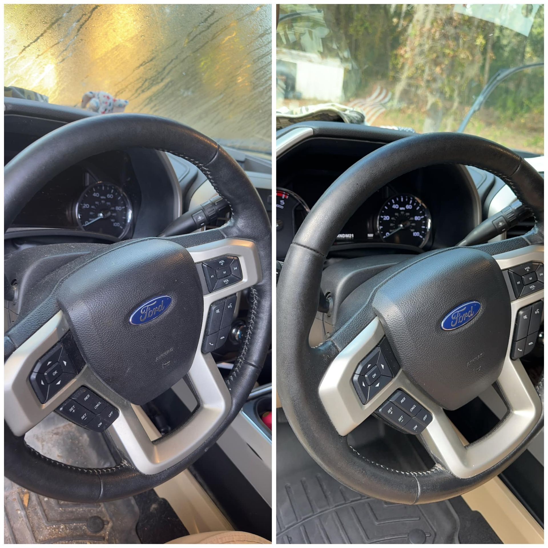Split view of a Ford steering wheel before and after cleaning, showing a dirtier left side and cleaner right side