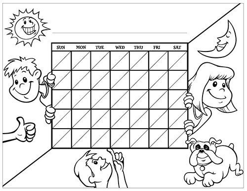 A black and white drawing of a calendar with cartoon characters on it.