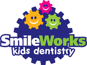 A logo for smileworks kids dentistry with gears and smiling faces