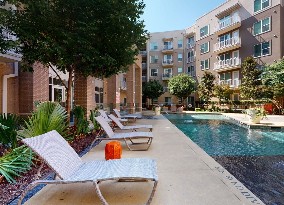 A row of lounge chairs are lined up next to a large swimming pool