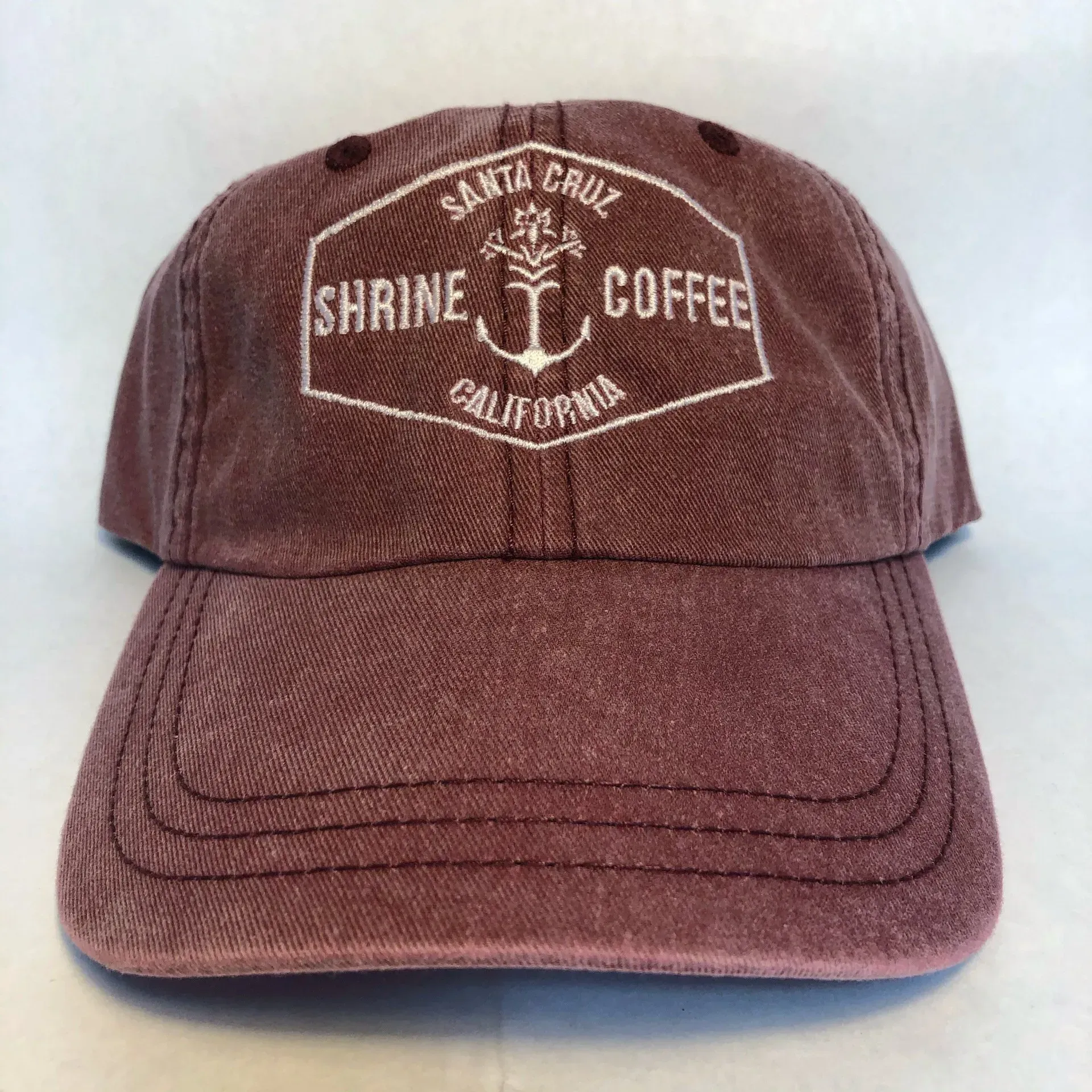 A Maroon Baseball Cap that says Santa Cruz Shrine Coffee California — Soquel, CA — Sport About Graphics