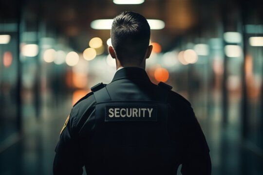 A security guard is standing in a dark hallway.