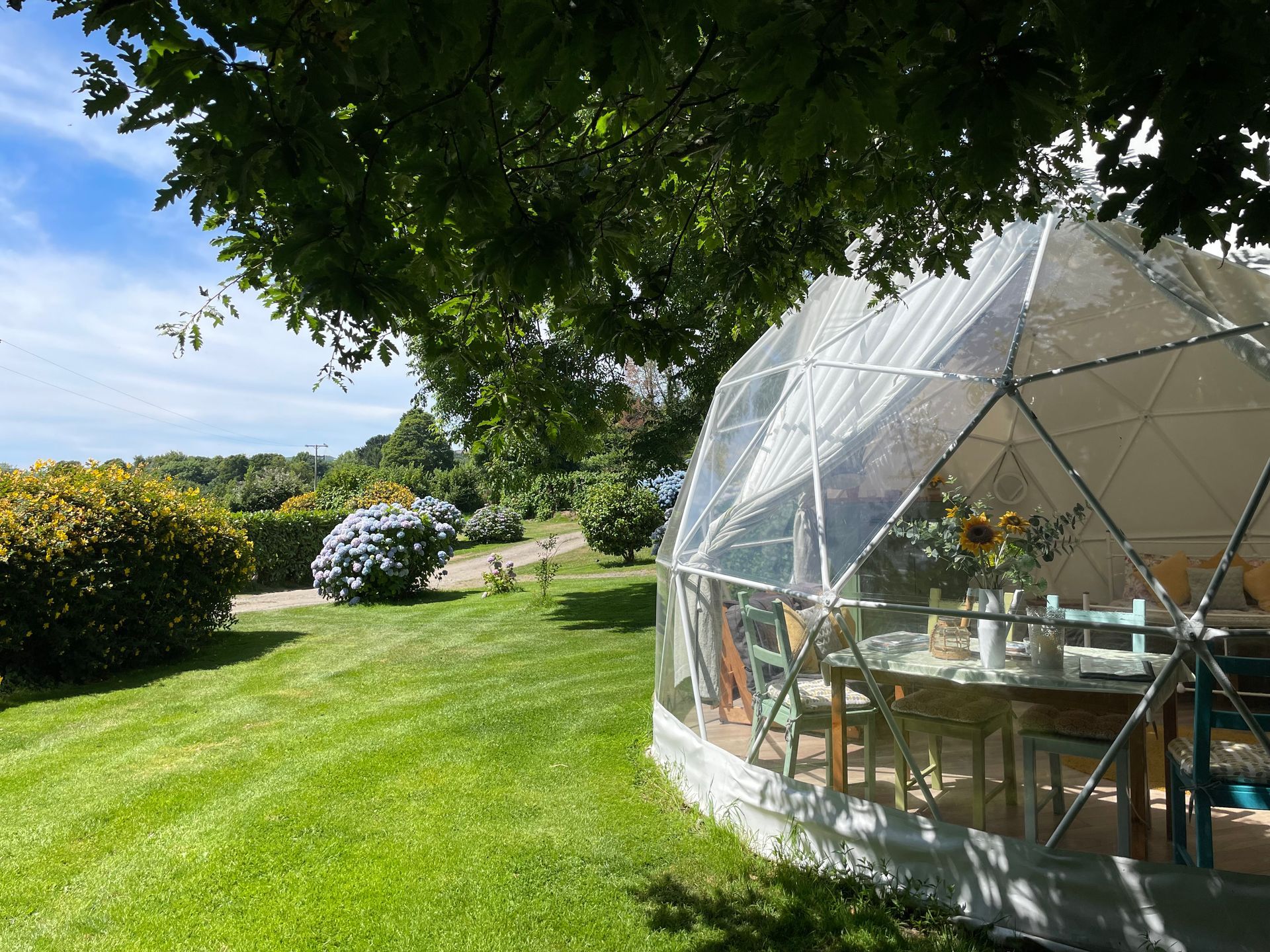 A geodome structure set in a lush green garden with a dining table visible through its transparent walls.