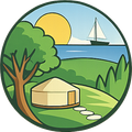 A yurt sits on a grassy hill next to a large tree, with a sailboat on the water and a golden sun in the background.