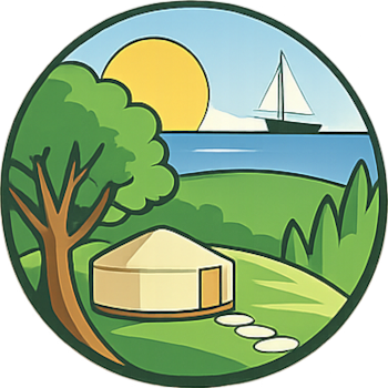 A yurt sits on a grassy hill next to a large tree, with a sailboat on the water and a golden sun in the background.