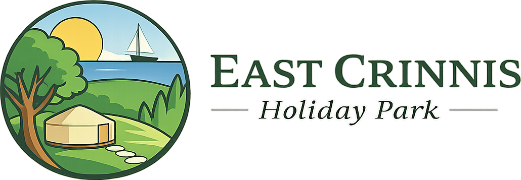 Logo for East Crinnis Holiday Park featuring a round illustration of a yurt, tree, and sailboat on water.