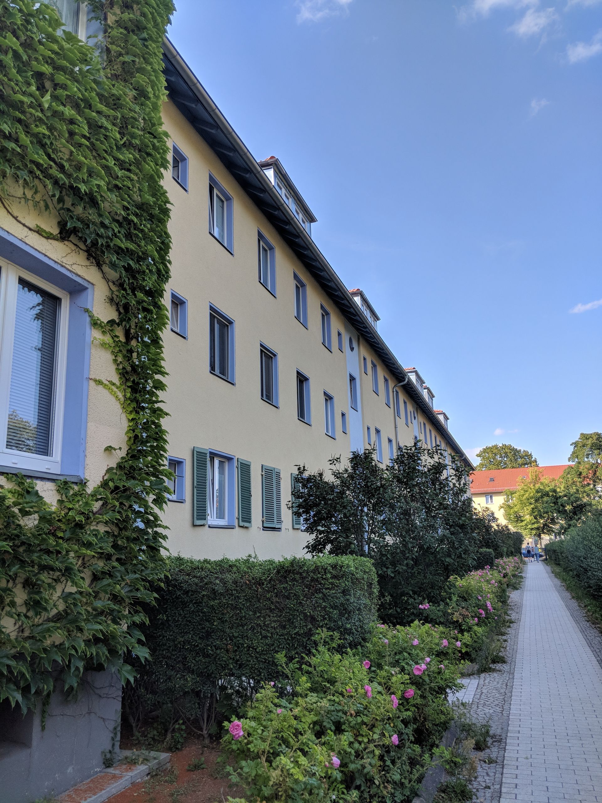 Ein gelbes Gebäude mit Efeu an der Seite