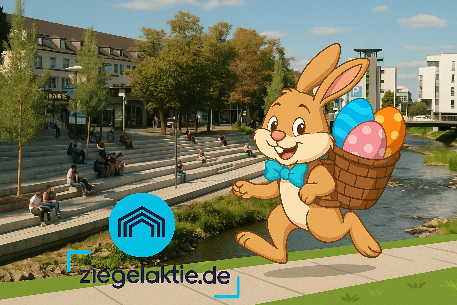 A cartoon bunny is running with a basket of easter eggs at Siegufer, City of Siegen, Germany..