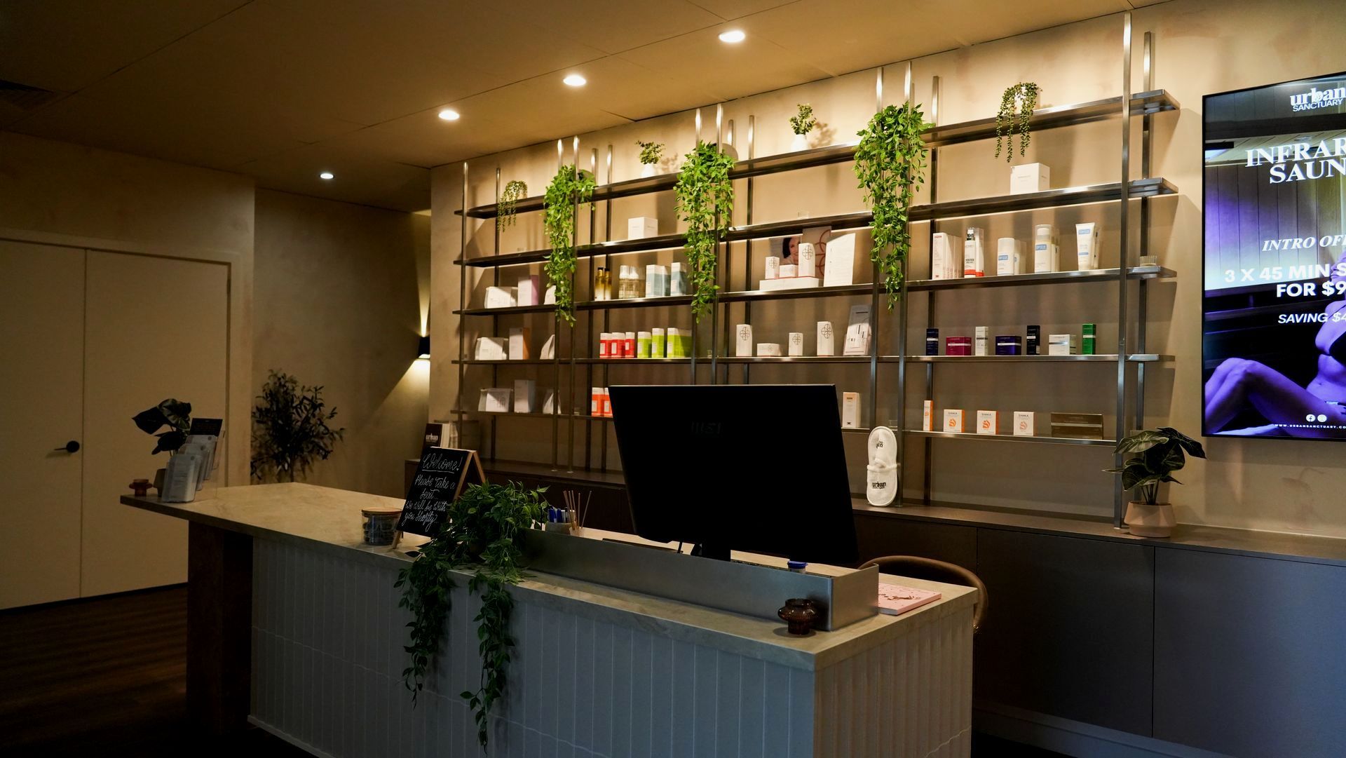 Young woman exiting an infrared sauna