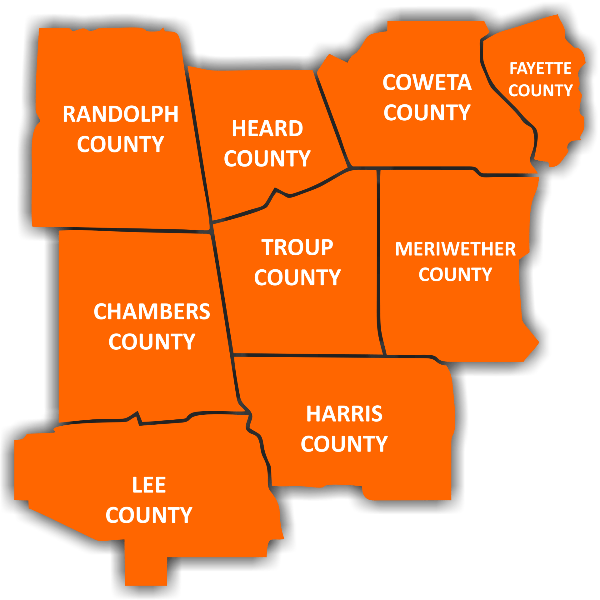 Map of counties in Georgia, colored orange, labeled with county names.