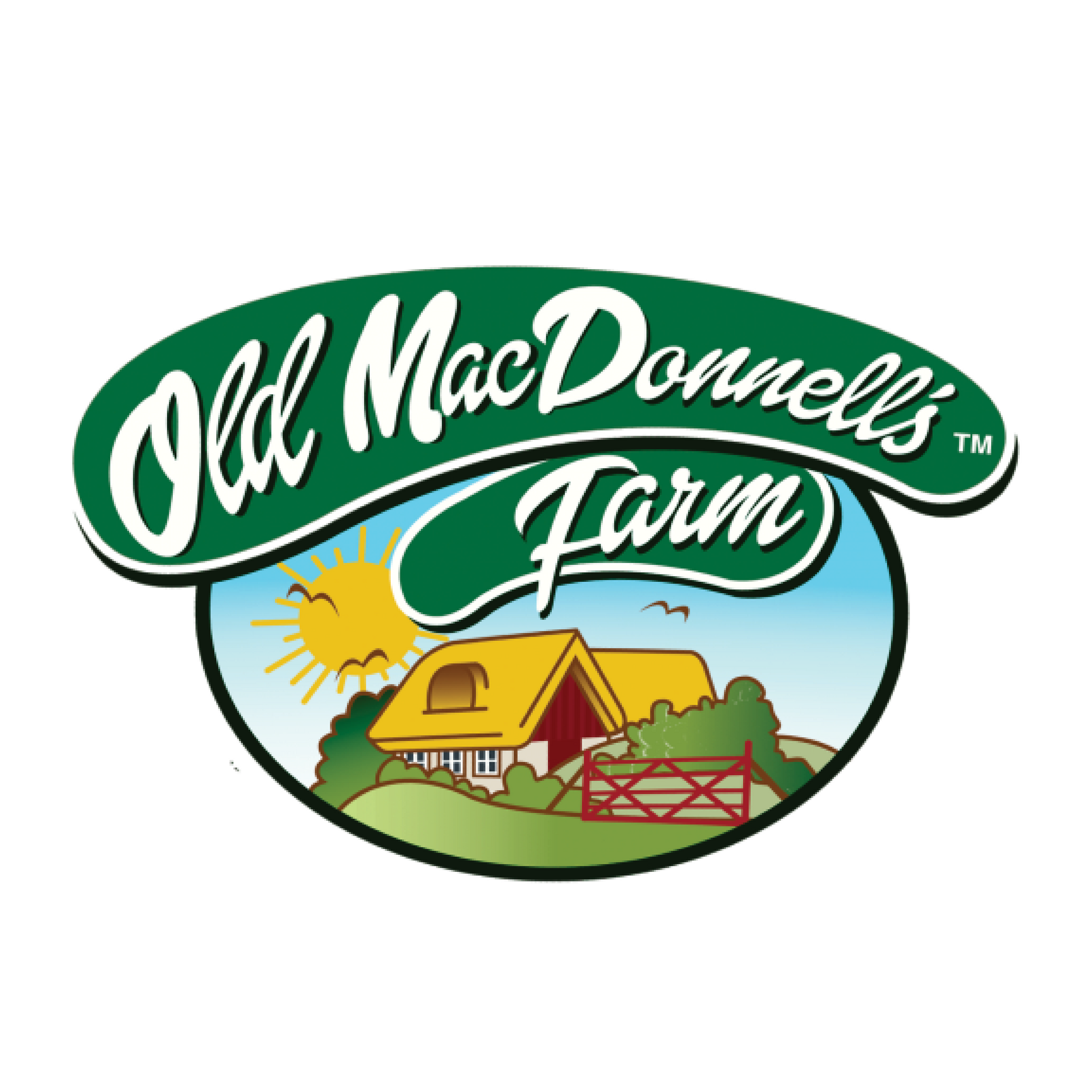 The logo for old mac donnelly 's farm shows a house with a thatched roof