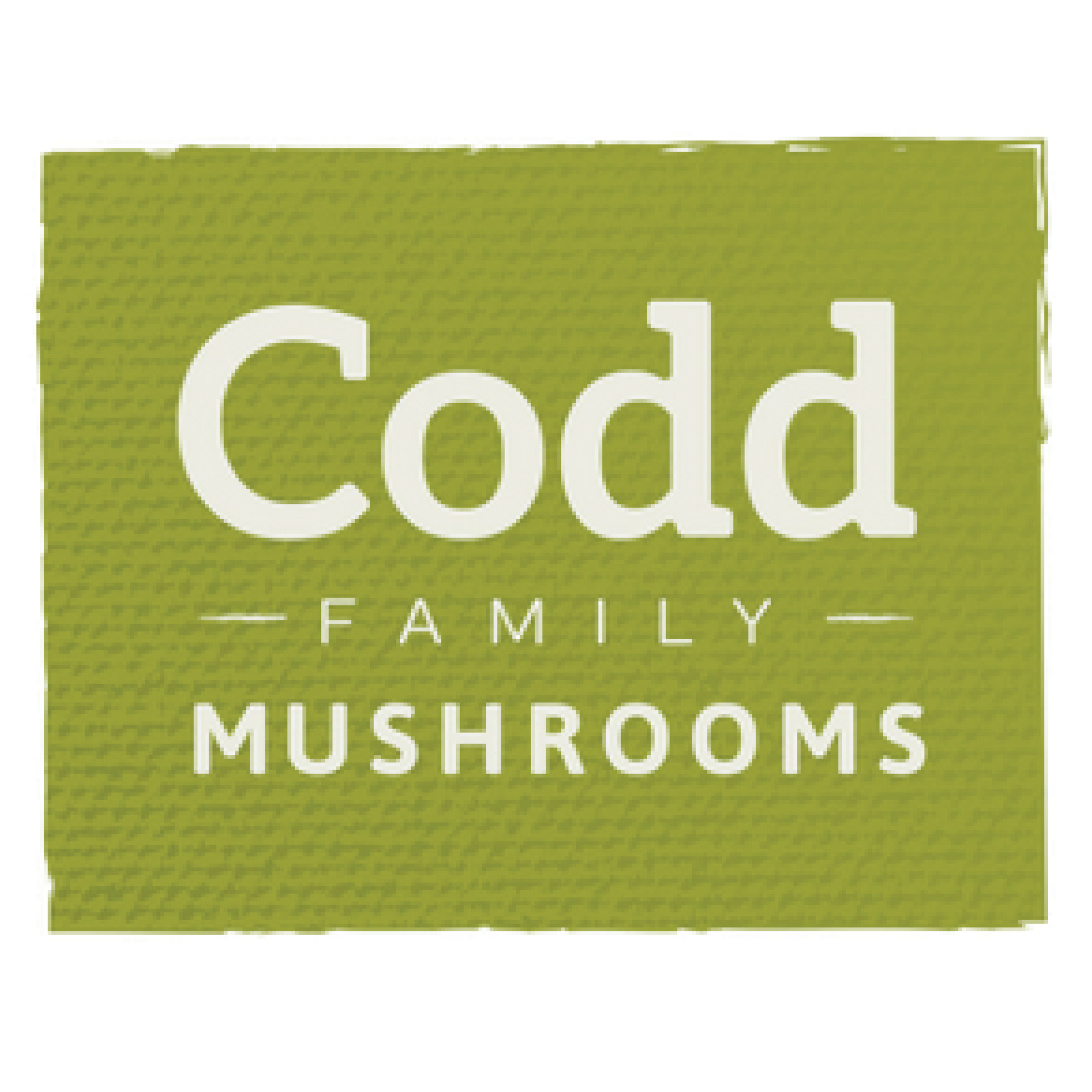 A green sign that says codd family mushrooms