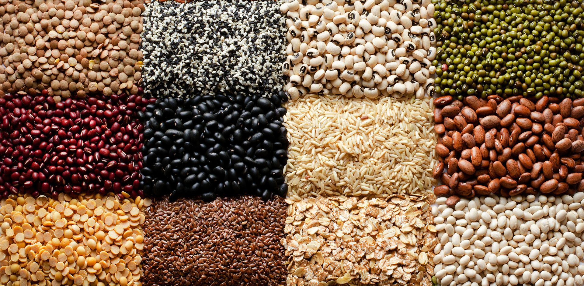 There are many different types of beans and grains in this picture.