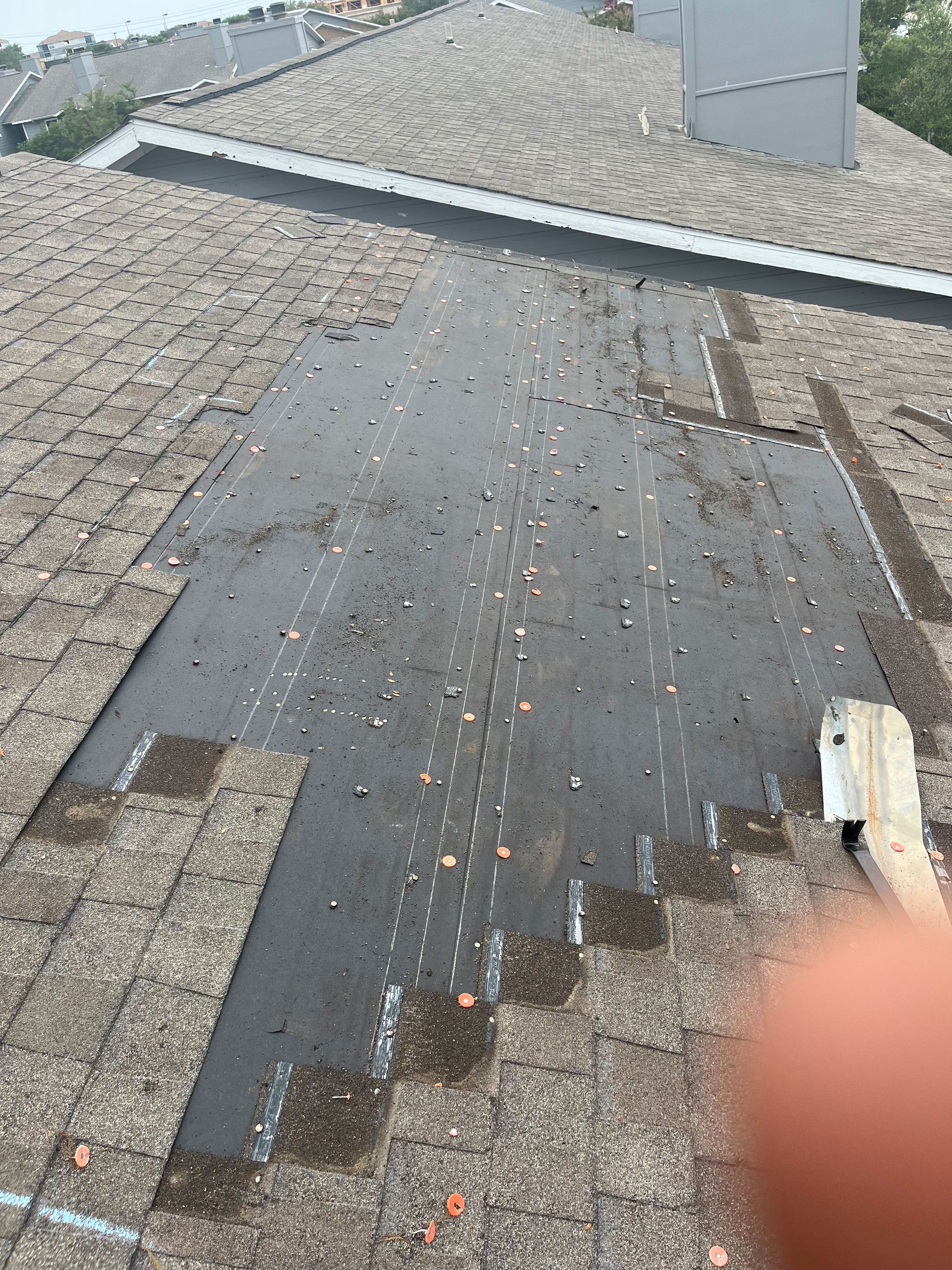 A person is holding a brush on top of a roof.