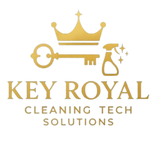 Gold logo for "Key Royal Cleaning Tech Solutions" with a crown, antique key, and spray bottle icon.