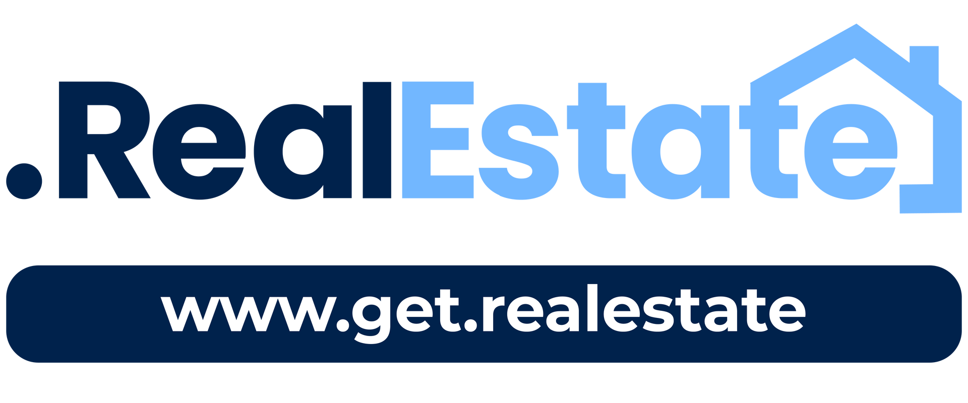RealEstate logo with blue text and website URL get.realestate on a dark blue bar