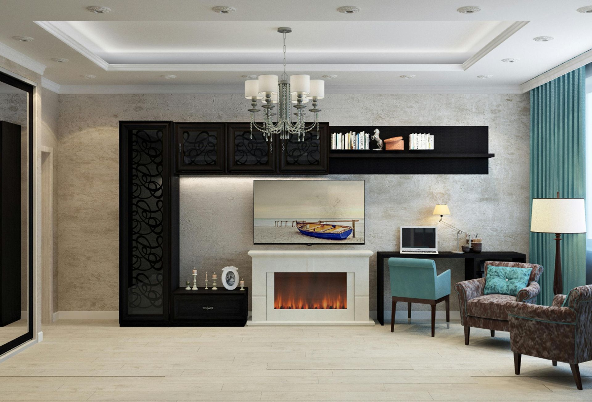 Elegant modern living room with black built-in shelving, fireplace, chandelier, and teal accent chairs
