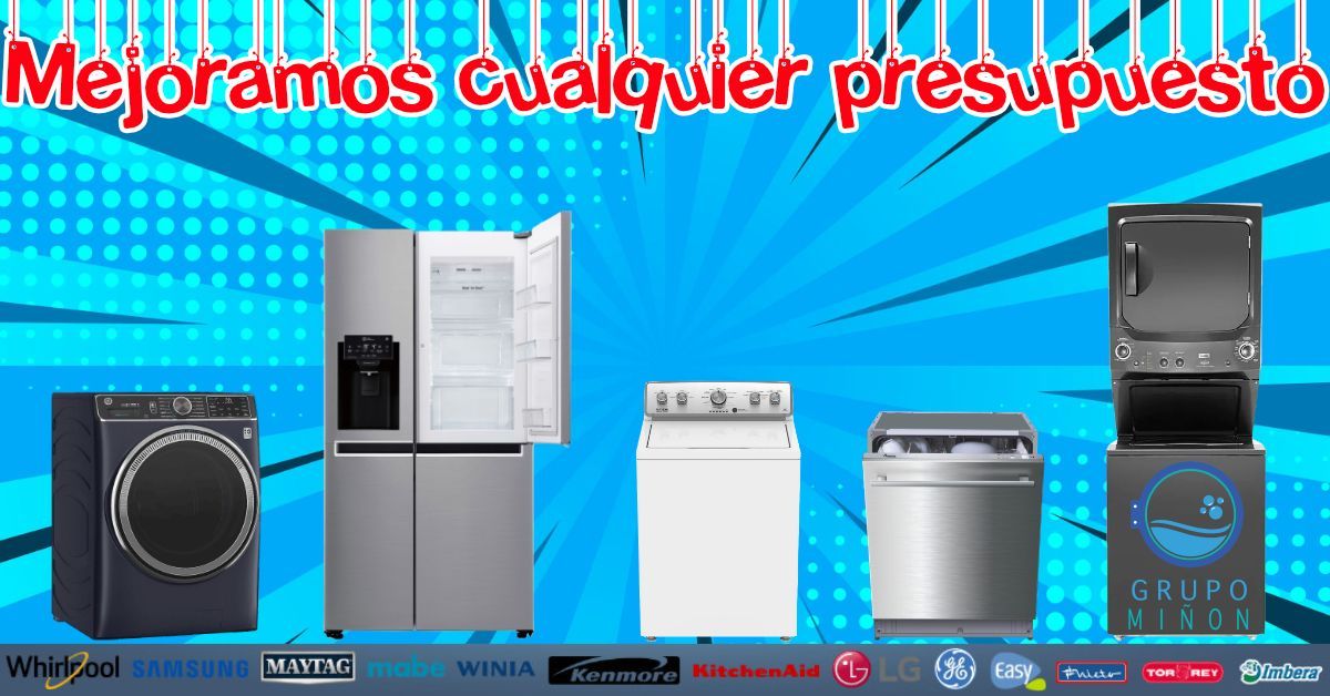 Un grupo de electrodomésticos están alineados sobre un fondo azul.