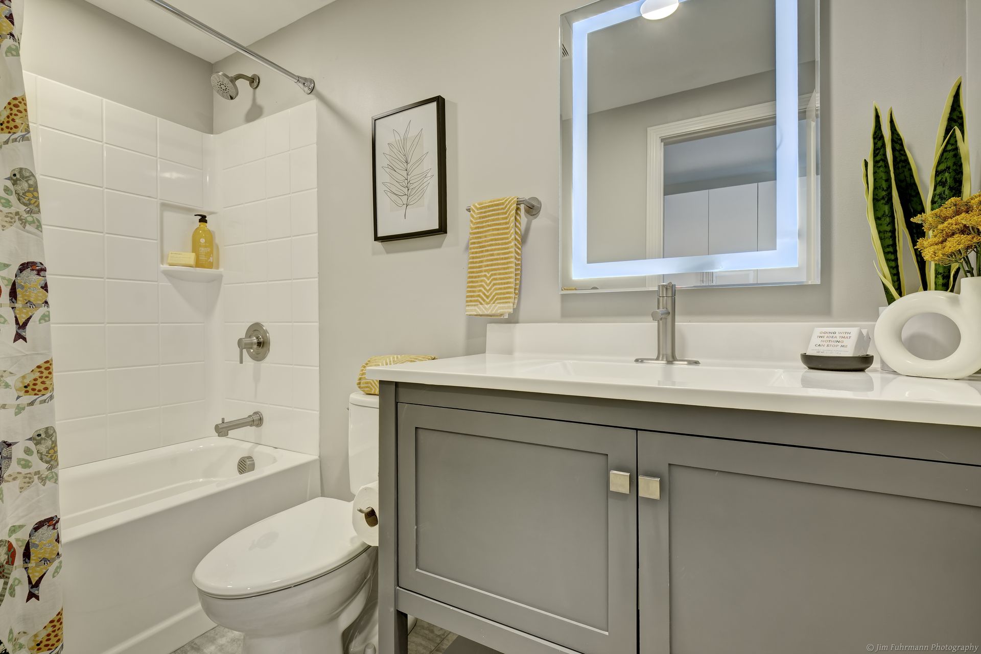 Gray bathroom with a white vanity, a bathtub, and a toilet. Includes a lighted mirror and decorative plants.