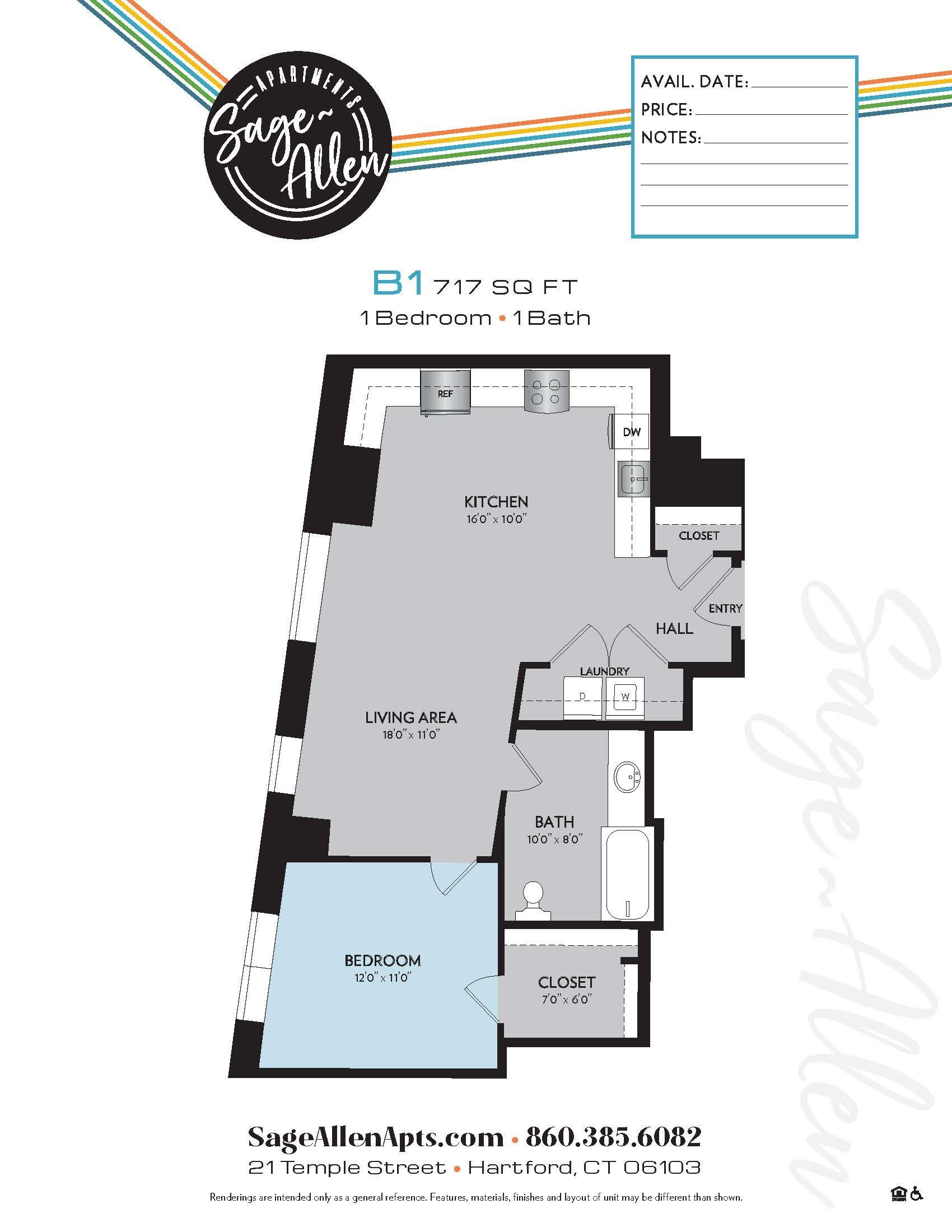 A floor plan of a bedroom apartment with a balcony