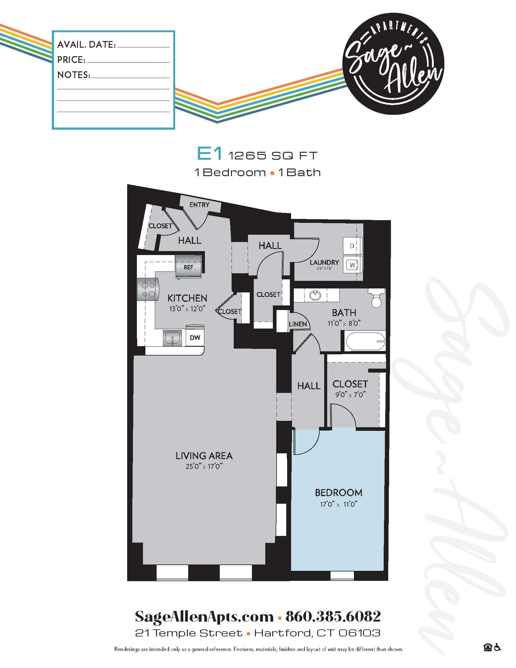 A floor plan of a single bedroom apartment.