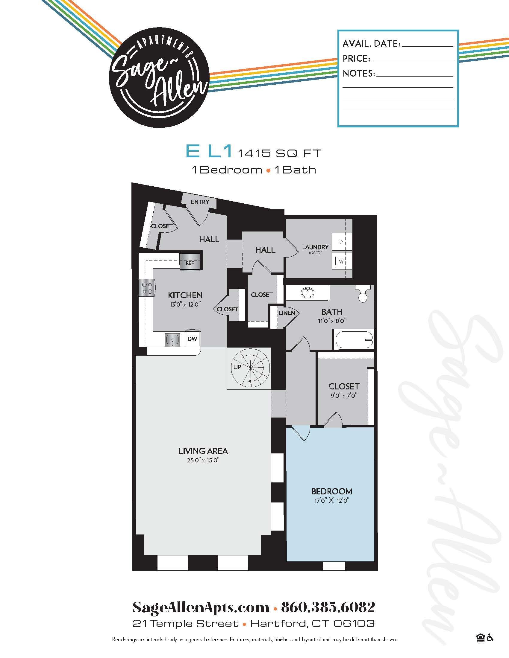 A floor plan of a single bedroom apartment