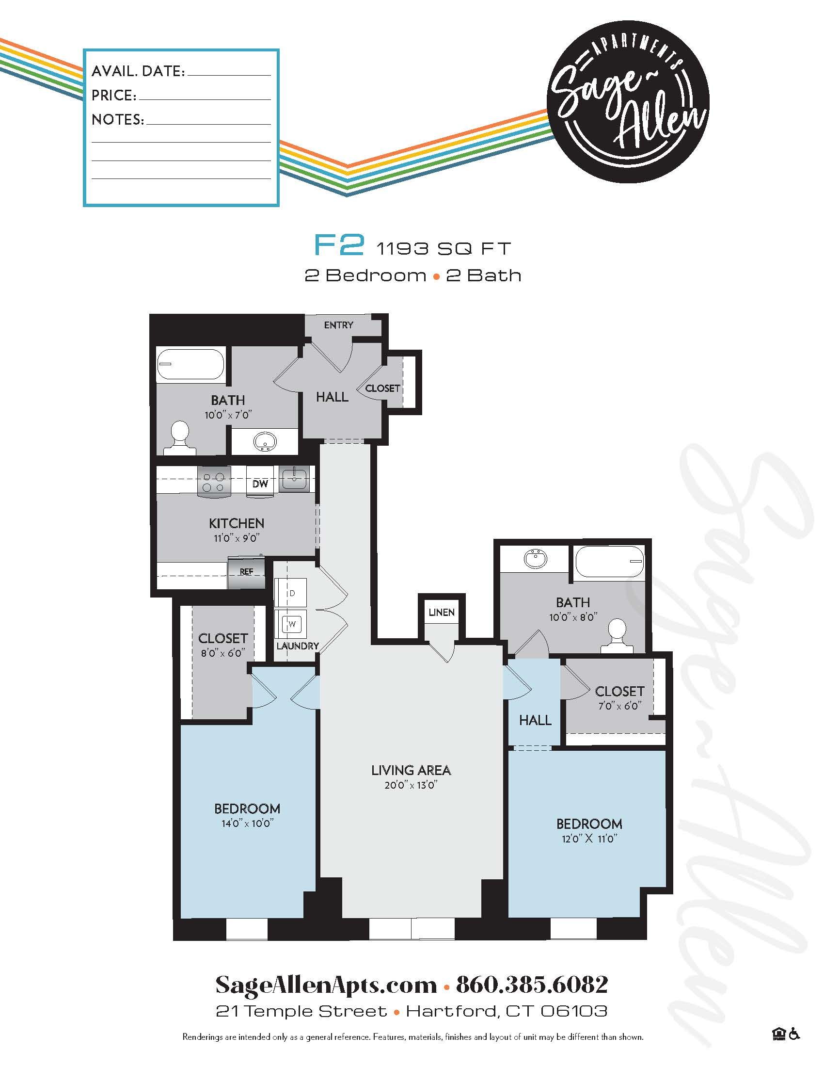 A floor plan of a house with two bedrooms and two bathrooms