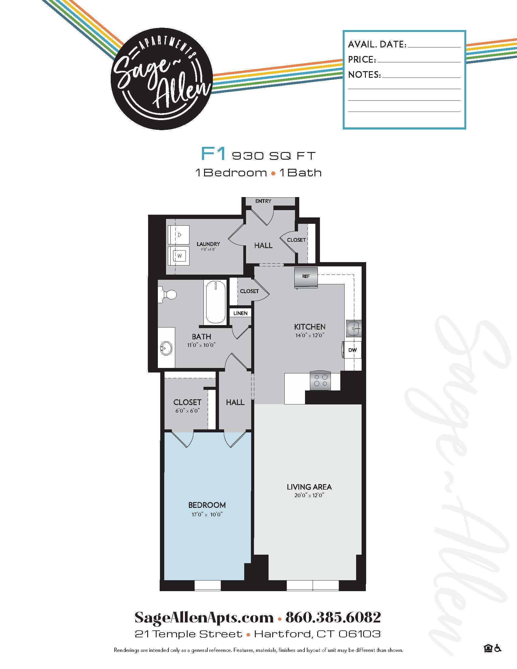 A floor plan of a single bedroom apartment.