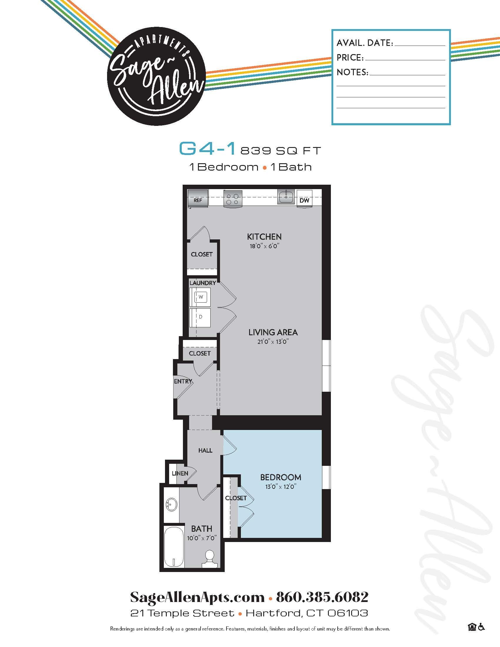 A floor plan of a single bedroom apartment.