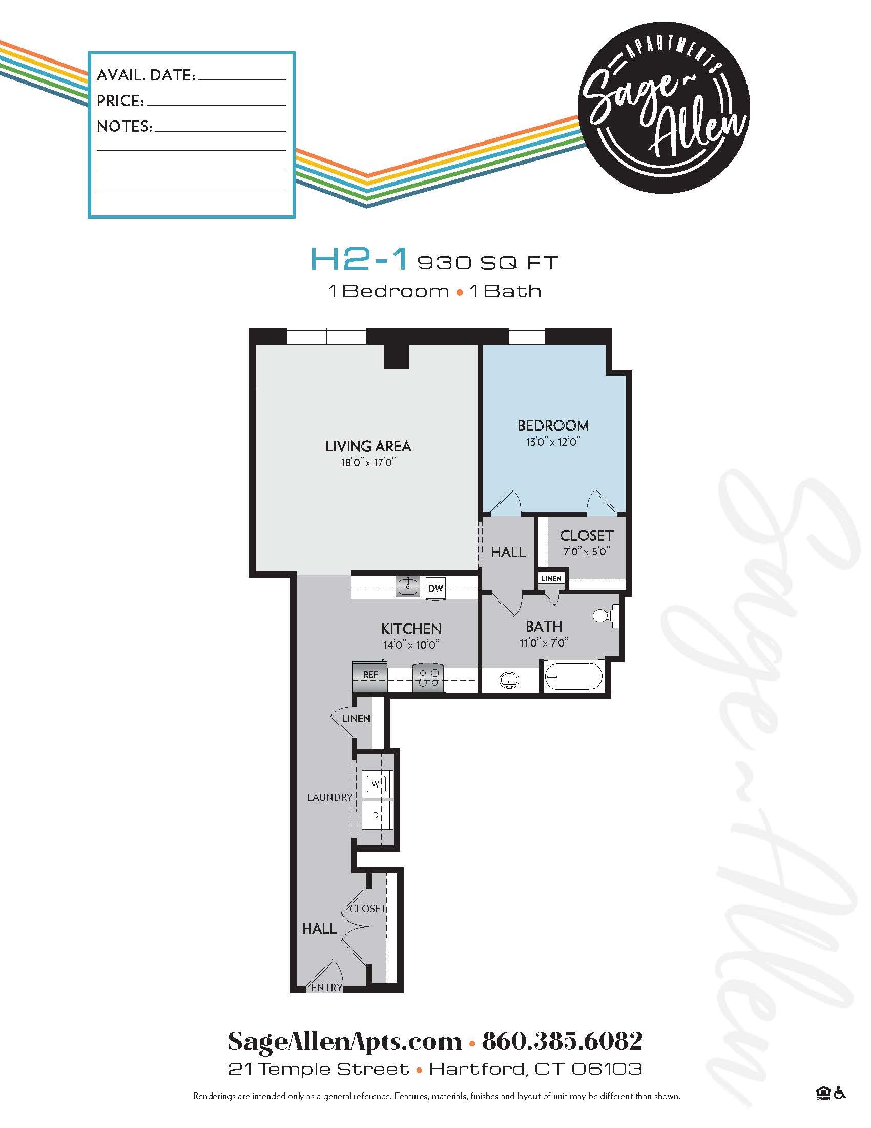 A floor plan of a single bedroom apartment
