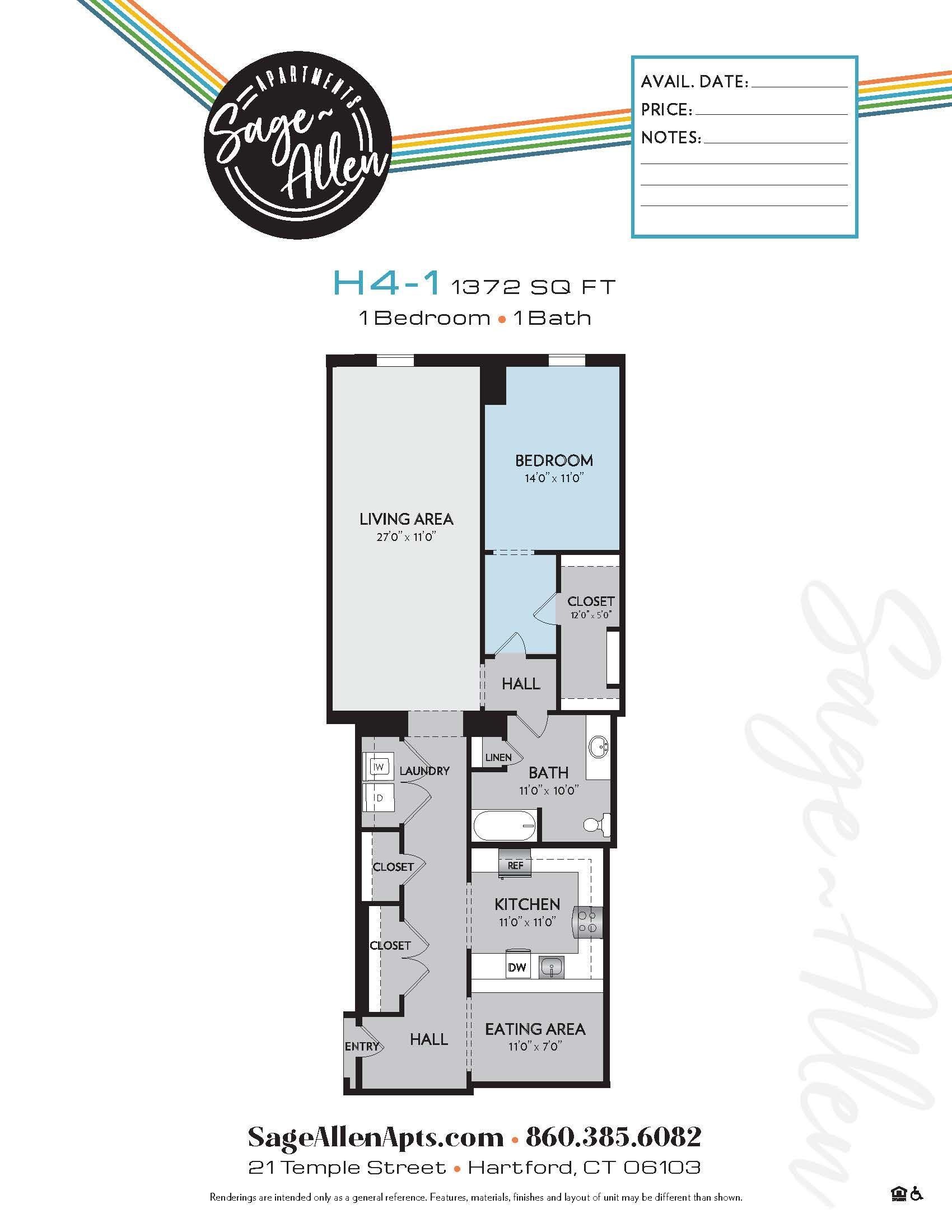 A floor plan of a single bedroom apartment with a rainbow in the background.
