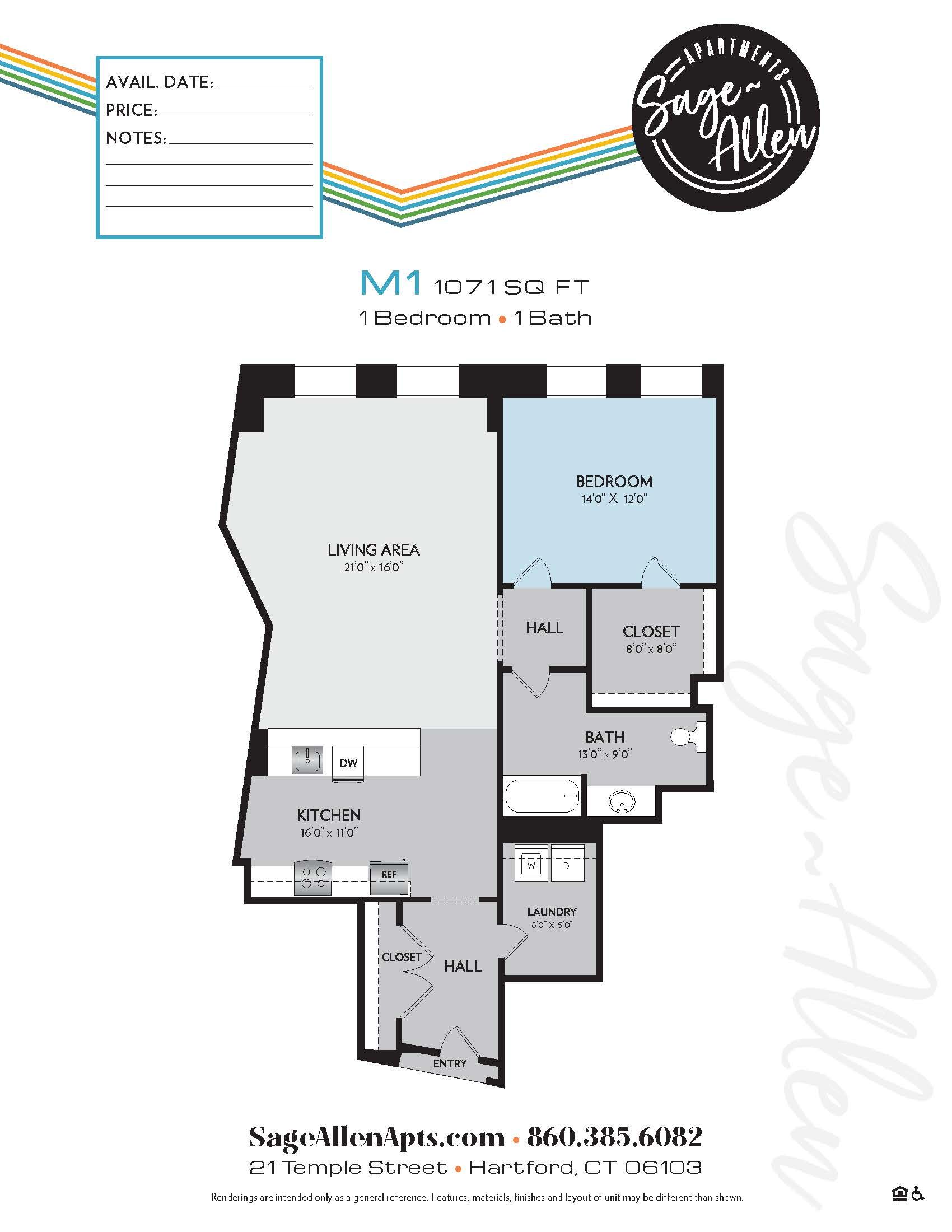 A floor plan of a single bedroom apartment