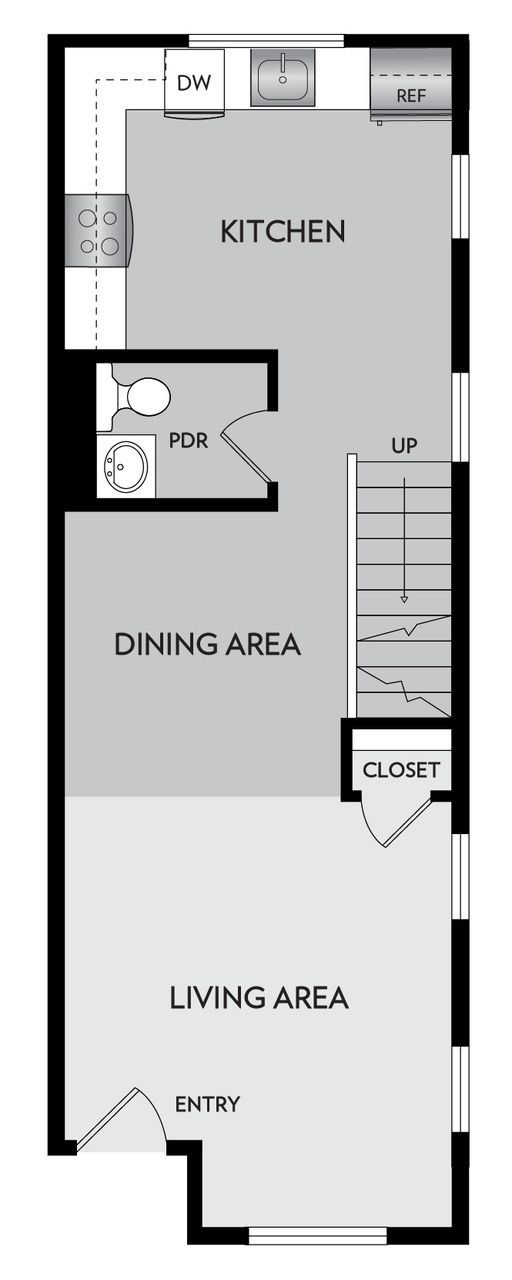 Floor plan of a narrow apartment: kitchen, dining area, living area, and stairs to the left. Entry is at the bottom.