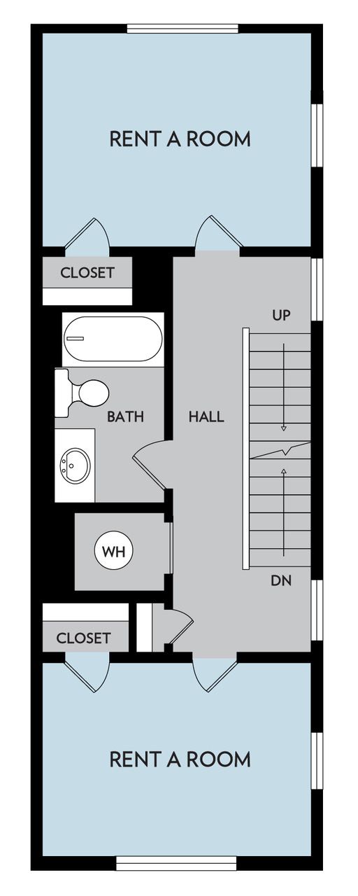 Floor plan of a narrow building with two 