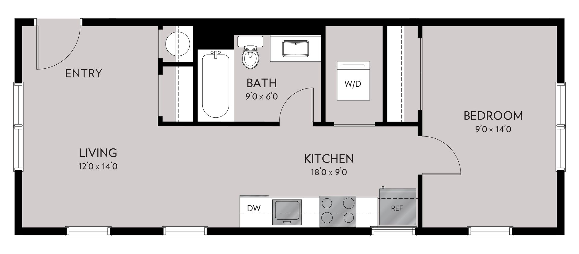 Floor plan of a small apartment with entry, living room, bathroom, kitchen, washer/dryer, and bedroom.