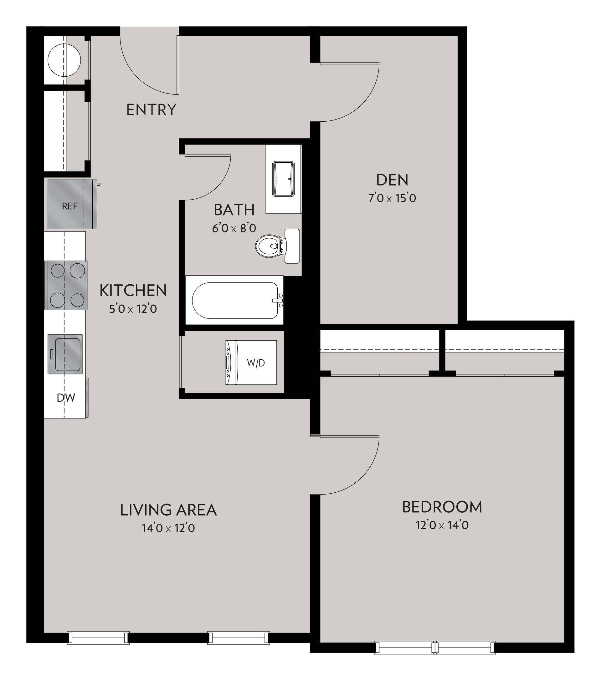 Floor plan of an apartment: kitchen, living area, bathroom, and bedroom. The layout has a neutral color scheme with labeled rooms.