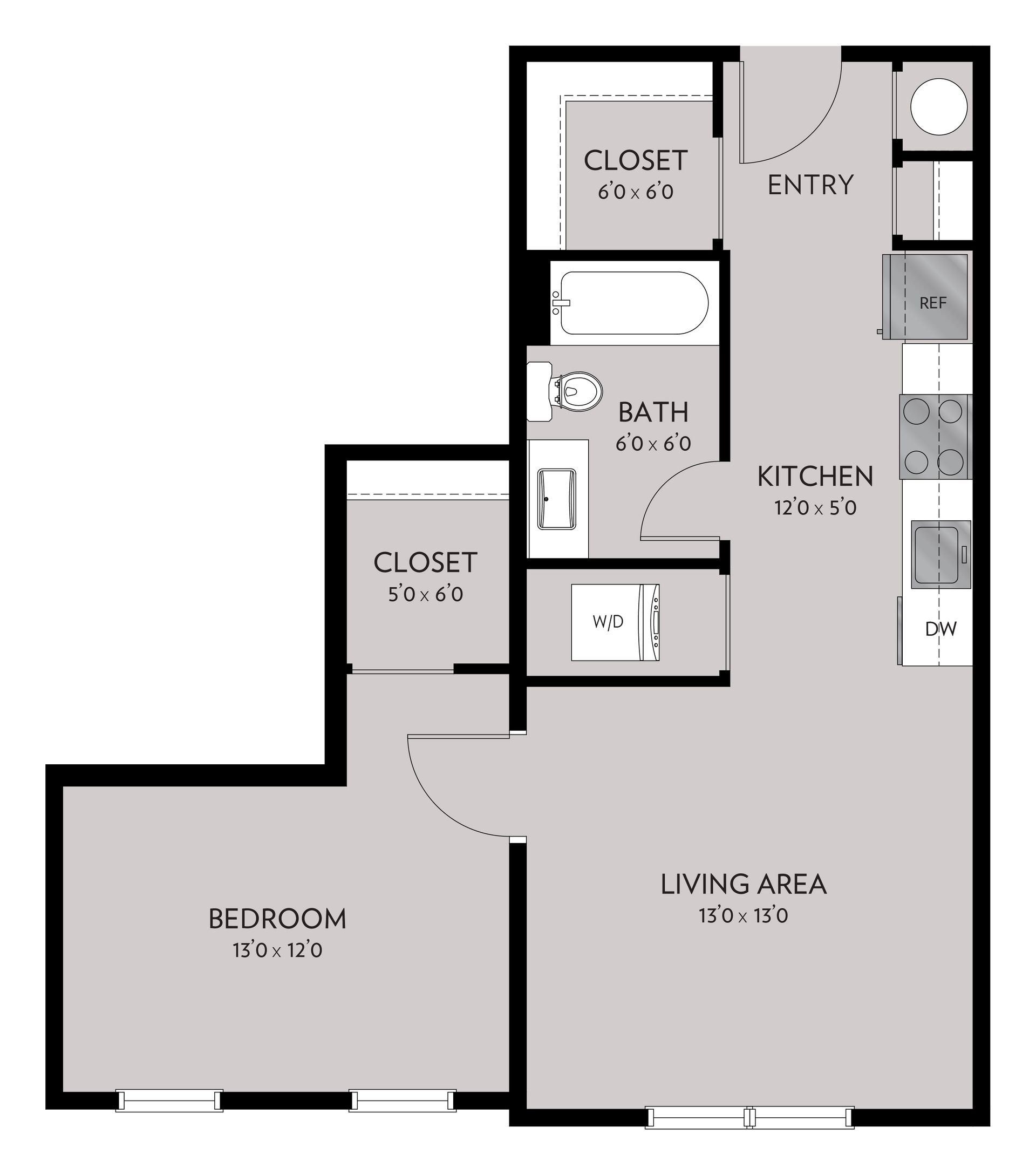 Floor plan of an apartment with a bedroom, closet, living area, kitchen, bathroom, and entry.