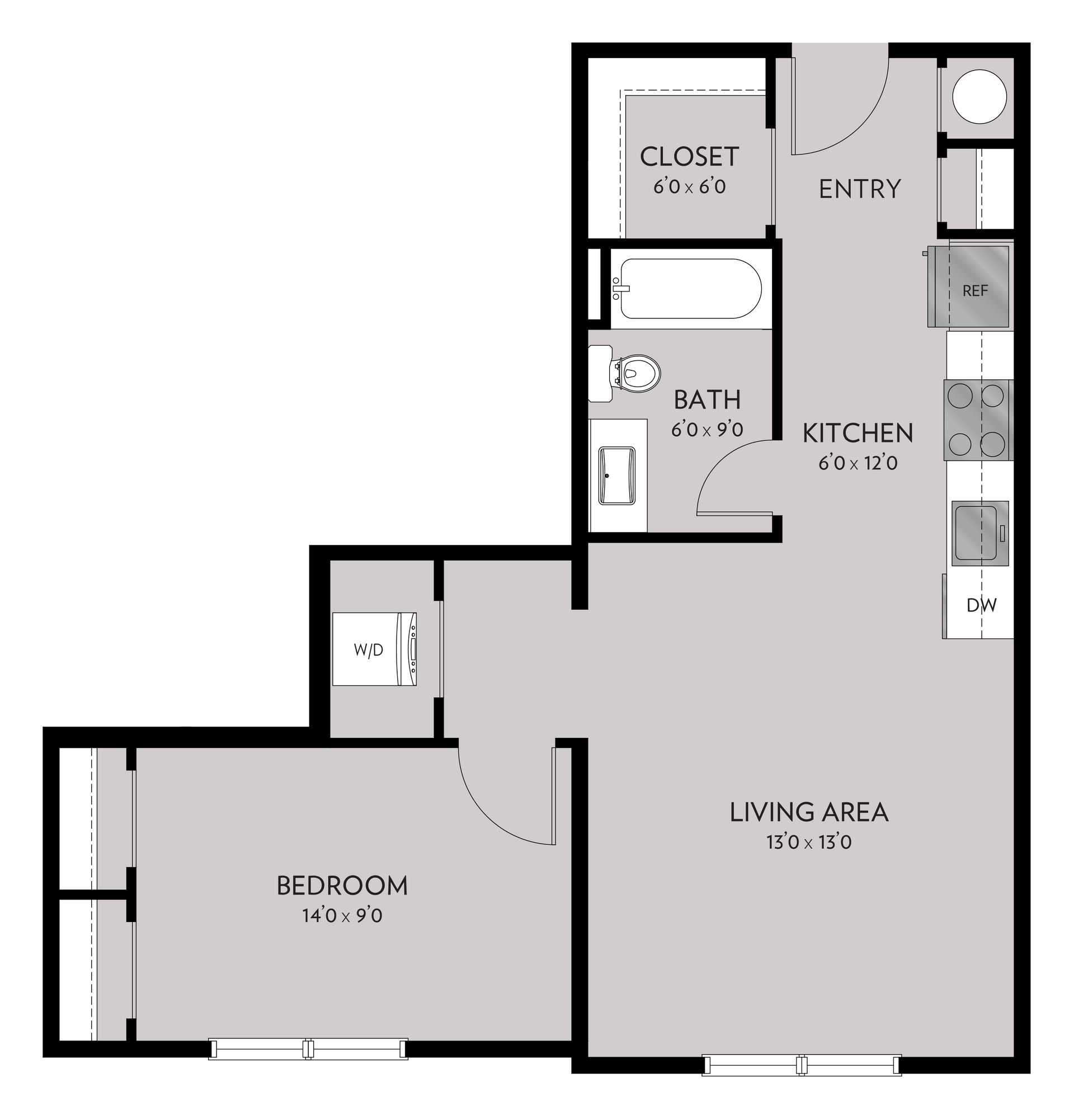 Floor plan of a small apartment with a bedroom, bathroom, kitchen, closet, and living area. The entry is off the kitchen.