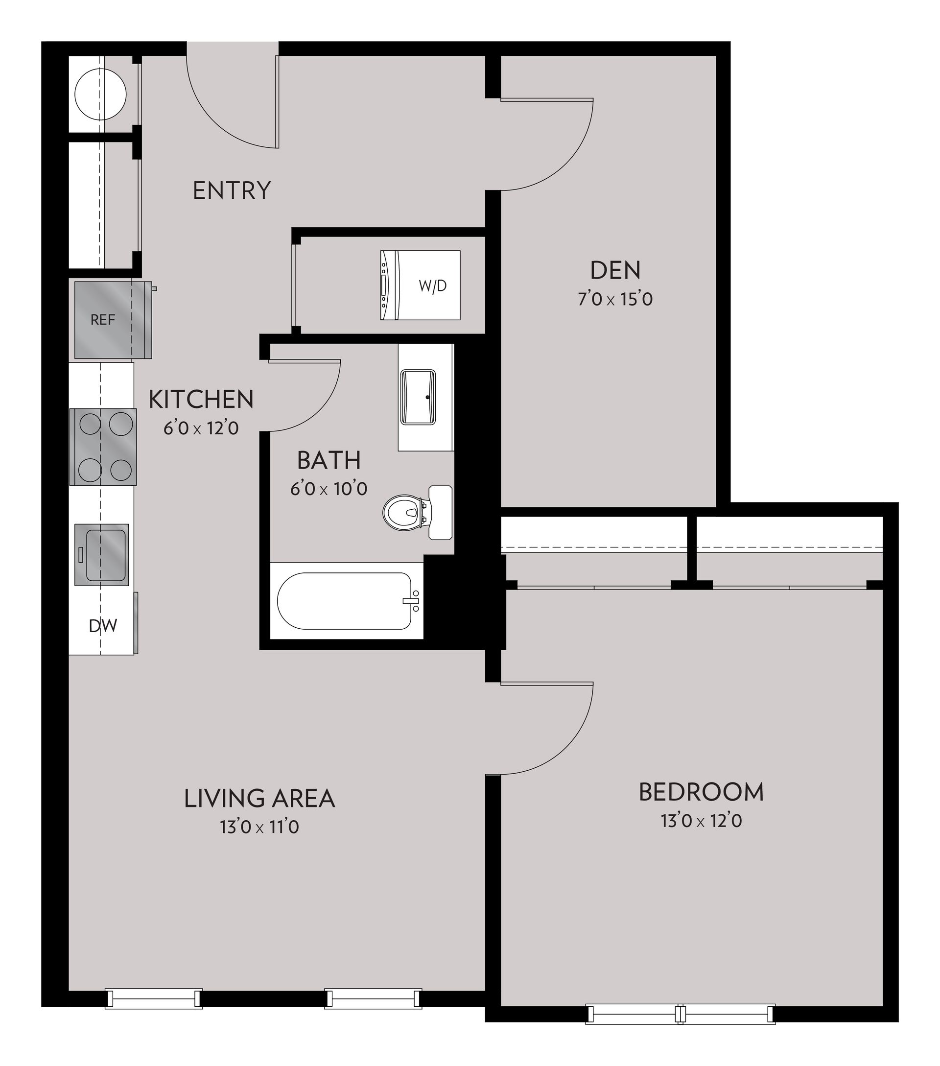 Floor plan of a small apartment with a kitchen, living area, bedroom, den, and bathroom. Gray and white colors are used to differentiate spaces.