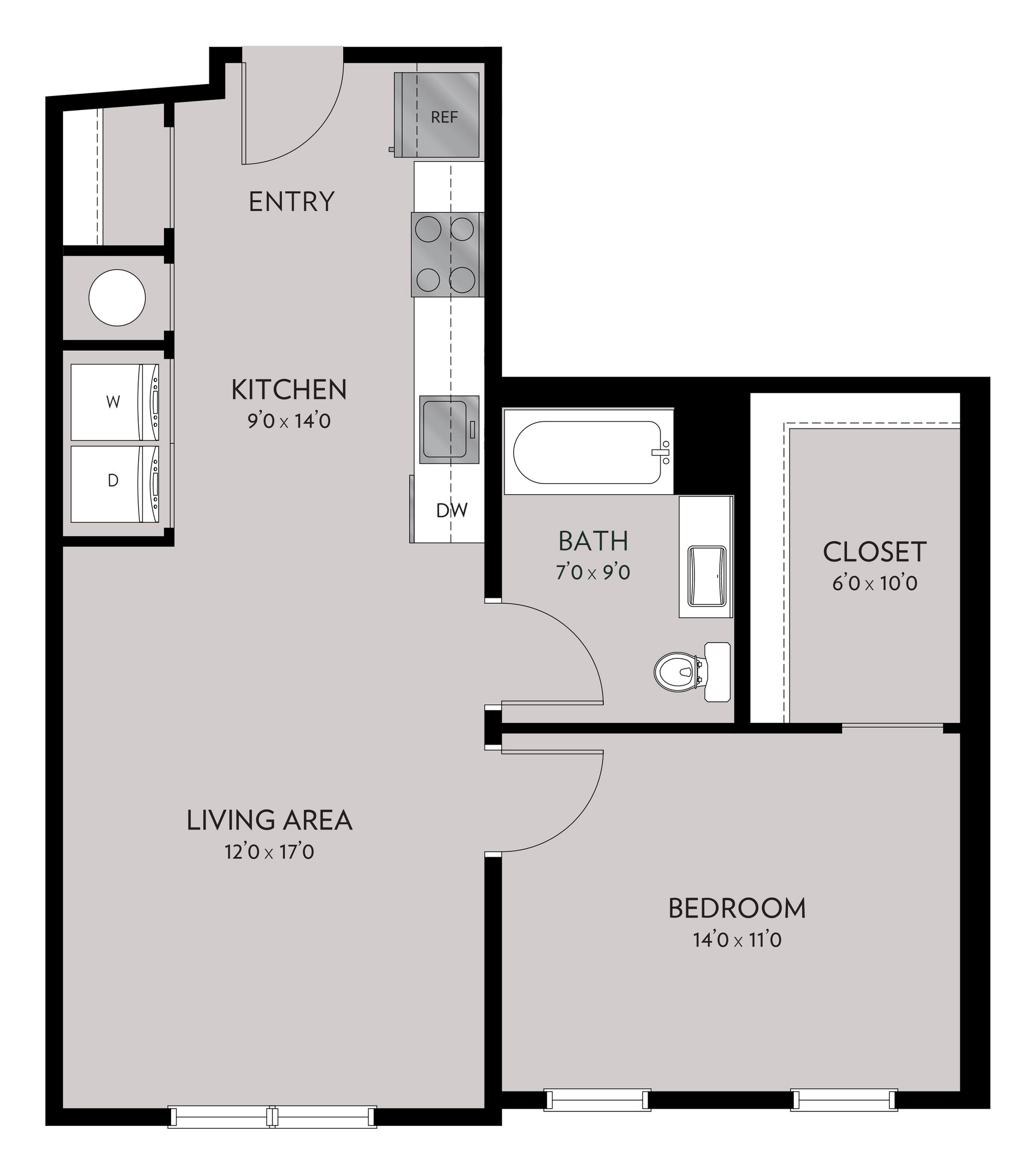 Floor plan of a one-bedroom apartment showing a kitchen, living area, bedroom, bathroom, and closet.