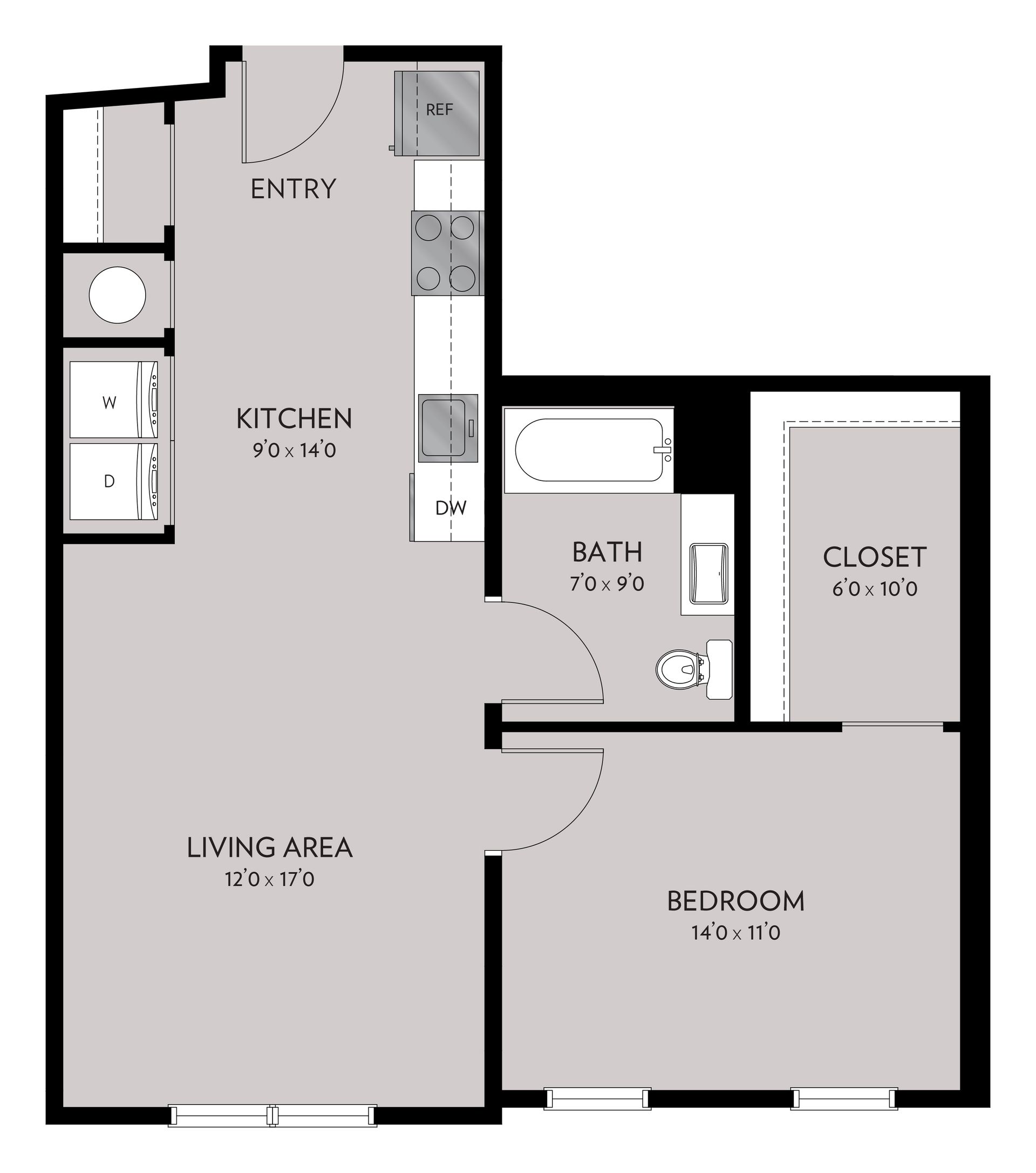 Floor plan of an apartment with a kitchen, living area, bedroom, and bathroom. The plan shows the layout and dimensions of the rooms.