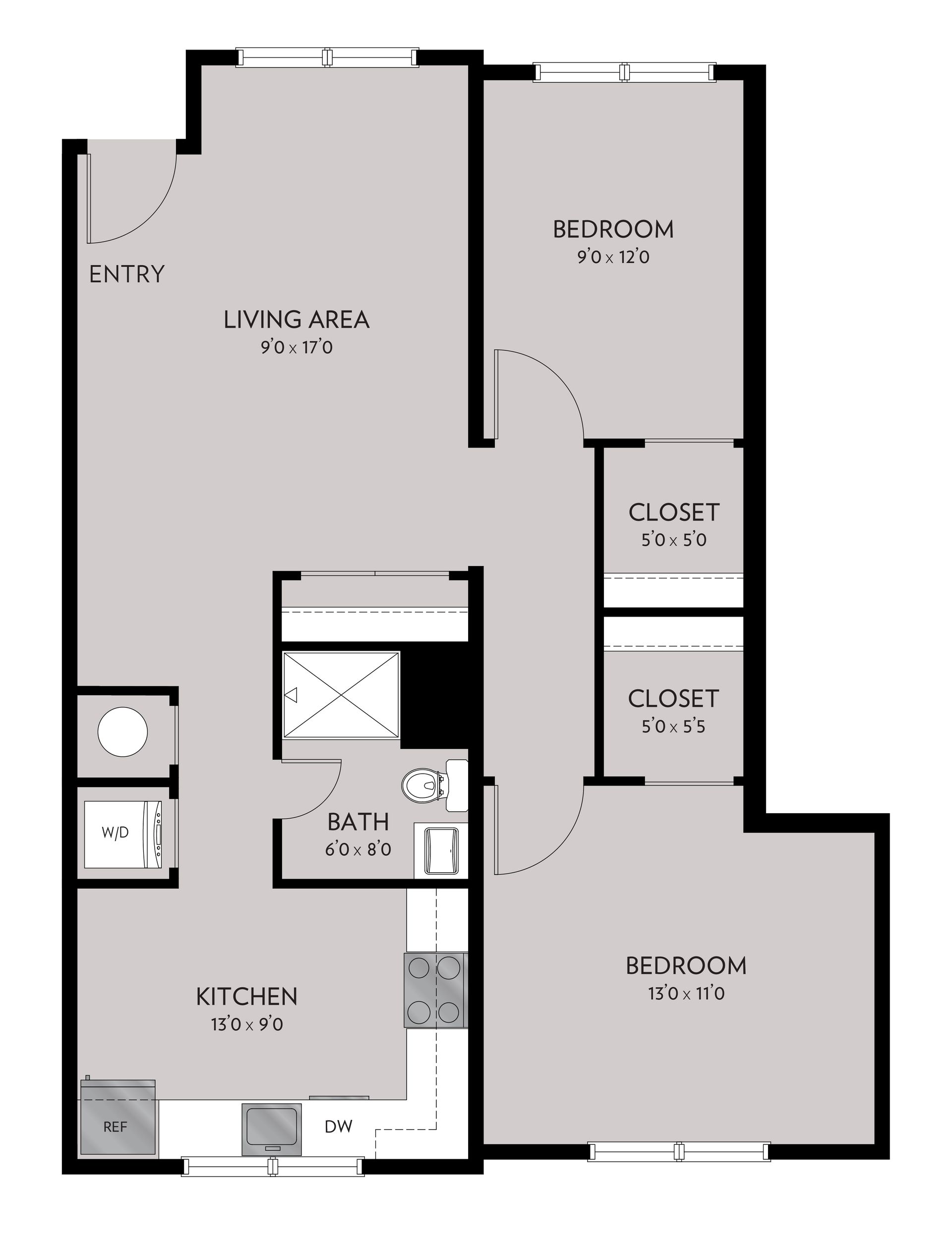 Floor plan of an apartment, featuring a kitchen, living area, two bedrooms, and a bathroom. Light gray interior with black outlines.