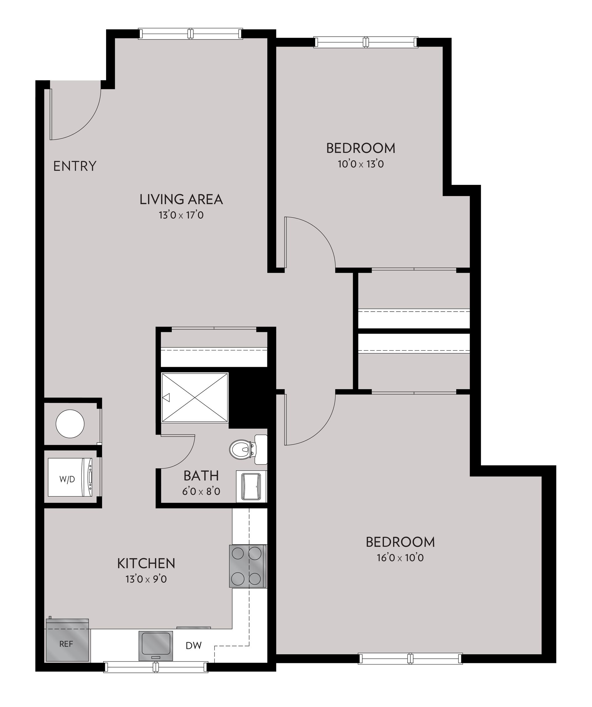Floor plan of an apartment showing the layout of the living area, kitchen, bedroom, and bathroom.