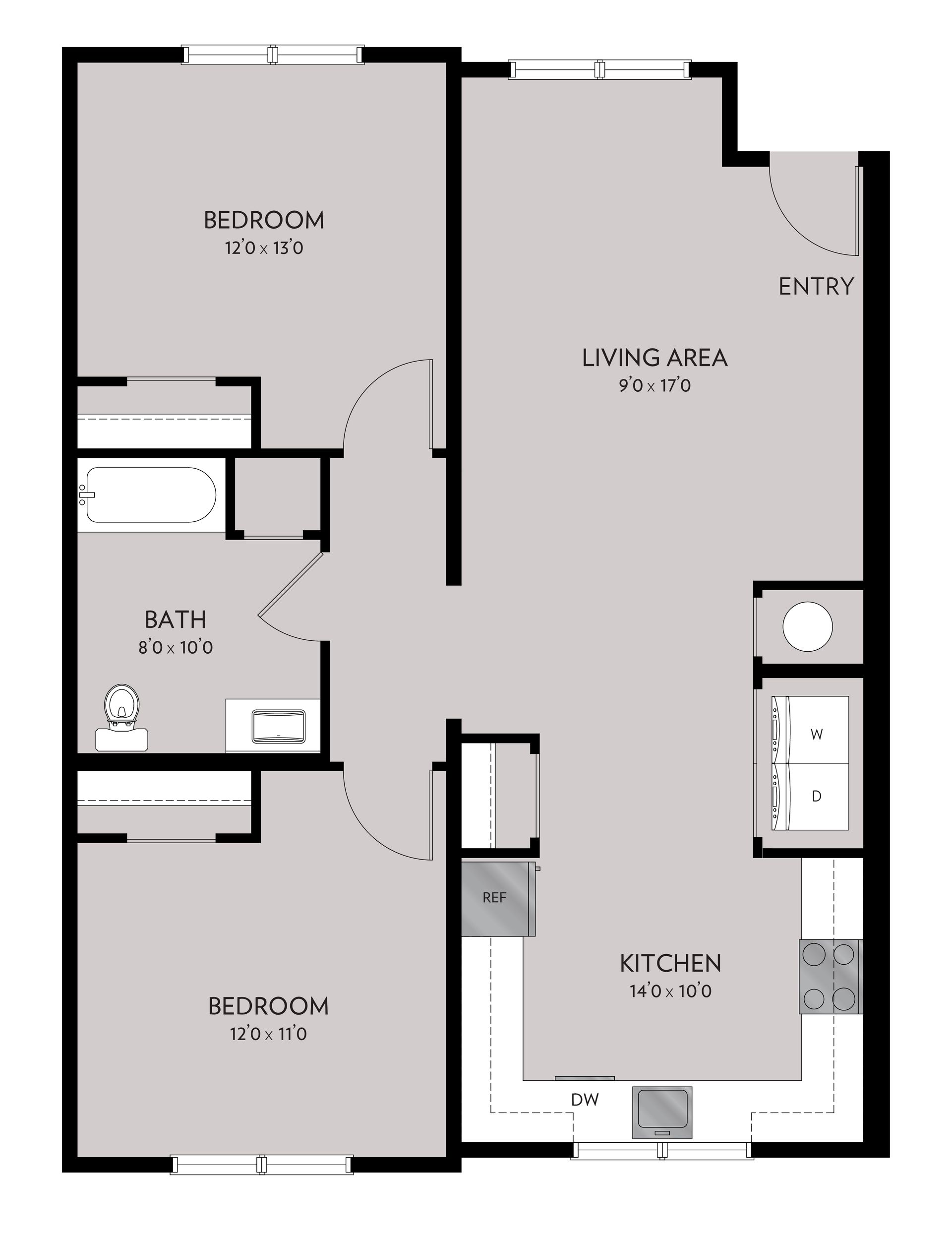 Floor plan of a two-bedroom apartment, showing layout of rooms including bedrooms, bathroom, kitchen, and living area.