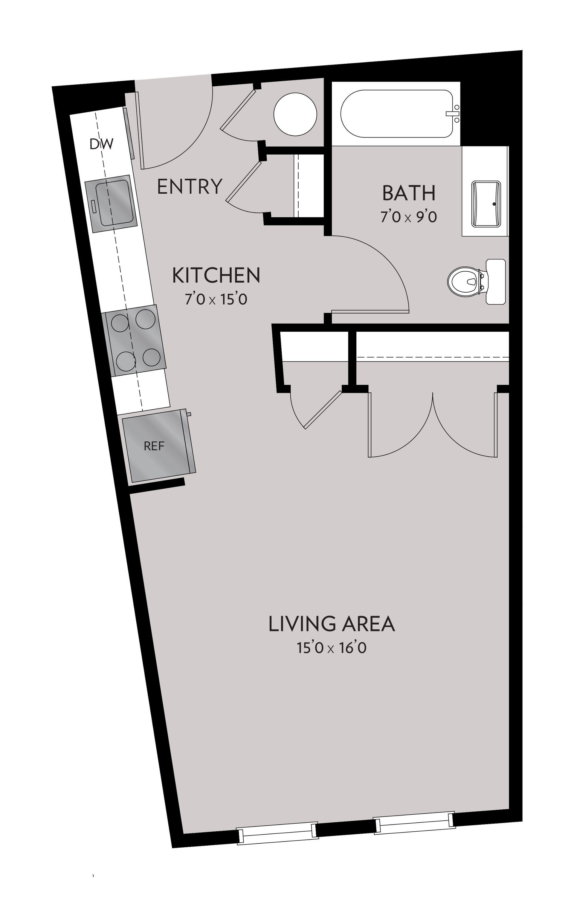 Floor plan of a studio apartment with kitchen, bathroom, living area, and entry labeled. Gray and white color scheme.